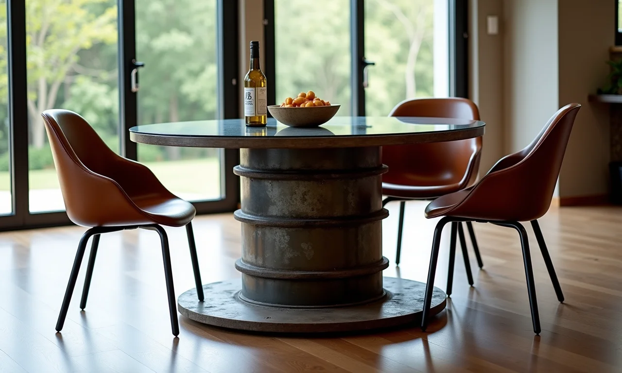 Base para mesa de jantar feita de carretel de fio com tampo de vidro e cadeiras brasileiras.