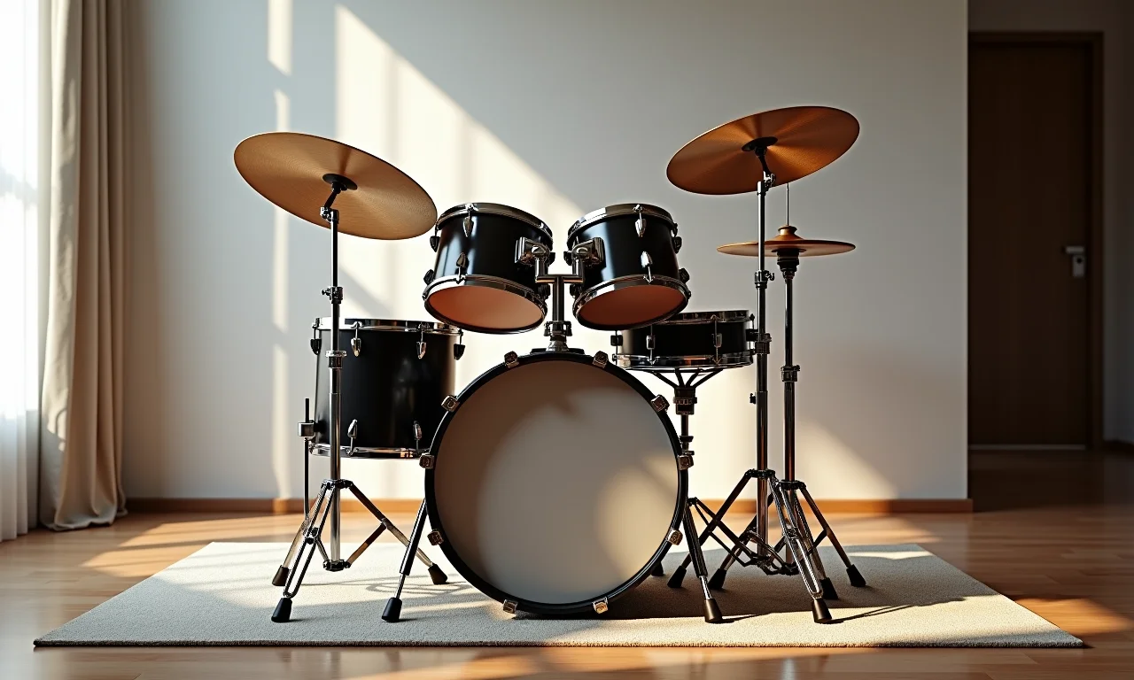 Bateria e pratos transformados em esculturas sonoras na decoração moderna.