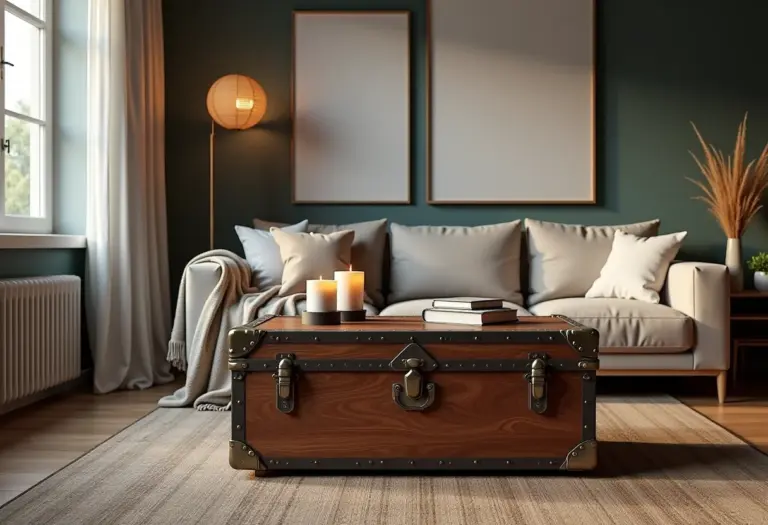 Baú antigo renovado usado como mesa de centro em sala de estar elegante.