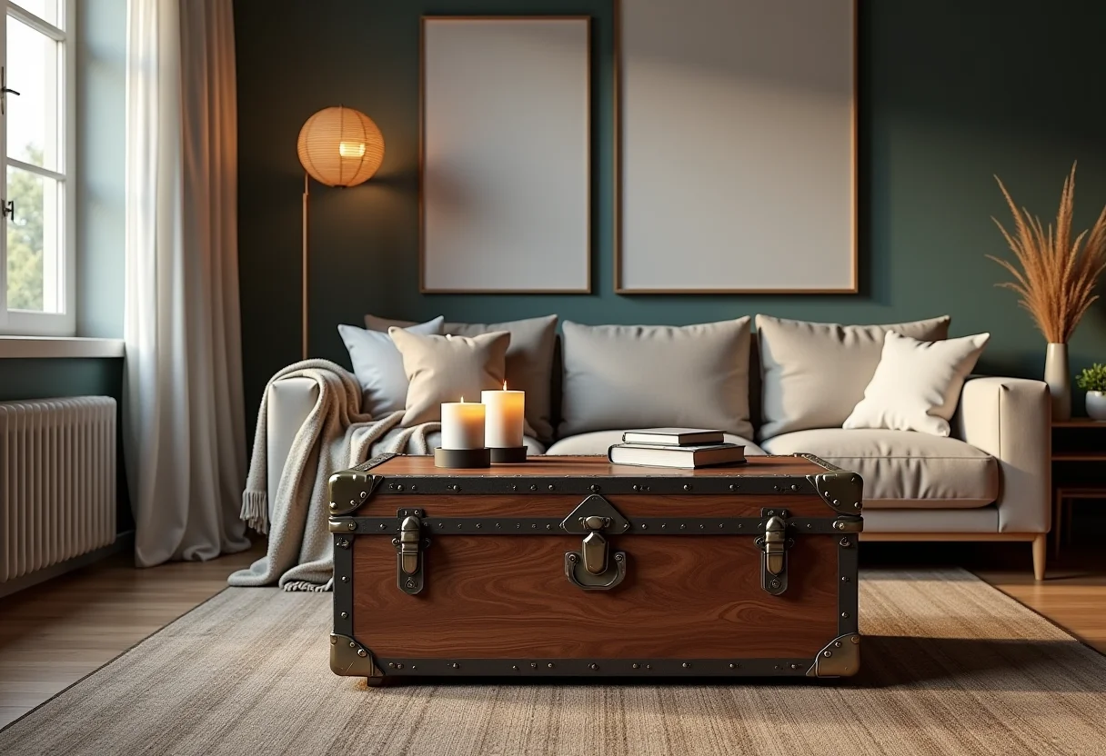 Baú antigo renovado usado como mesa de centro em sala de estar elegante.