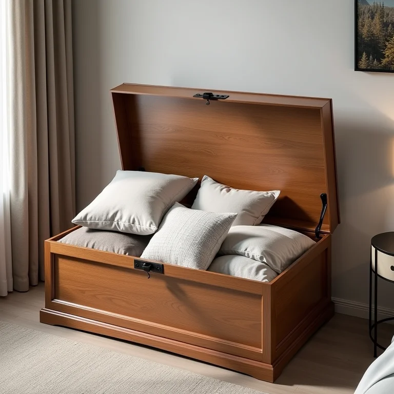 Baú de madeira como organizador em quarto