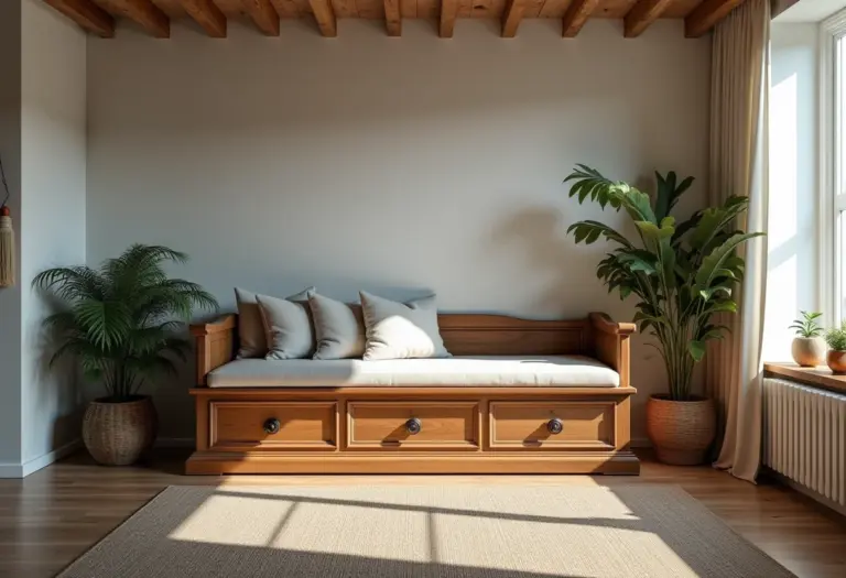 Baú de madeira restaurado usado como banco em sala de estar rústica.