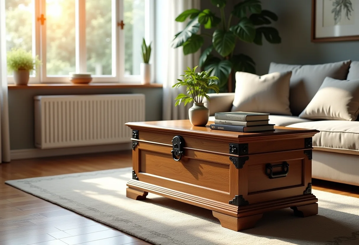 Baú de madeira restaurado usado como mesa de centro e armazenamento em sala de estar ensolarada