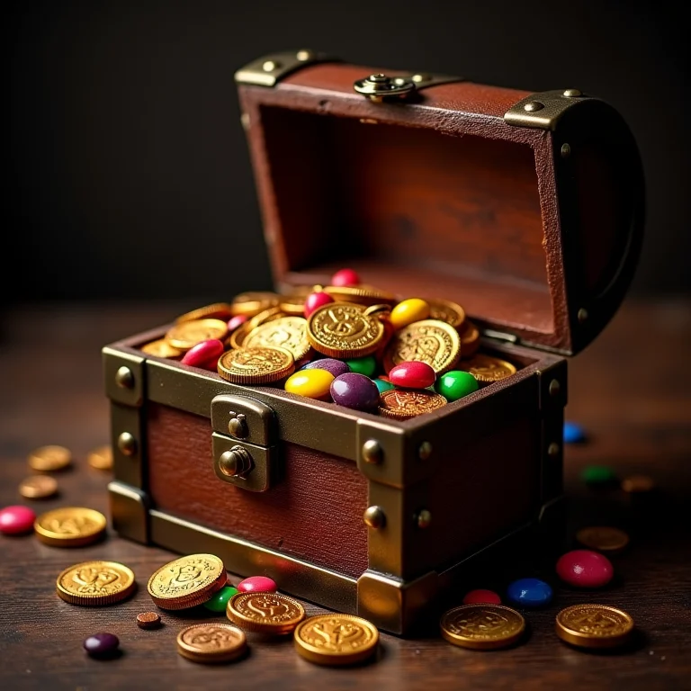 Baú do tesouro cheio de moedas de chocolate, doces coloridos e brinquedos.