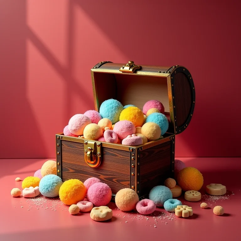 Baú do tesouro transbordando de brinquedos coloridos e doces.