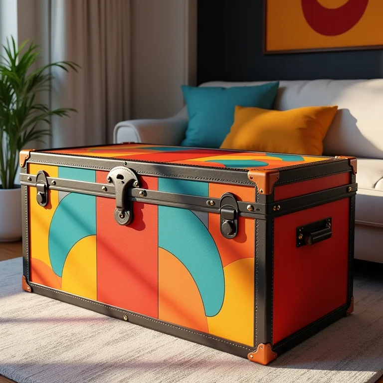 Baú moderno com cores vibrantes e estampas geométricas.