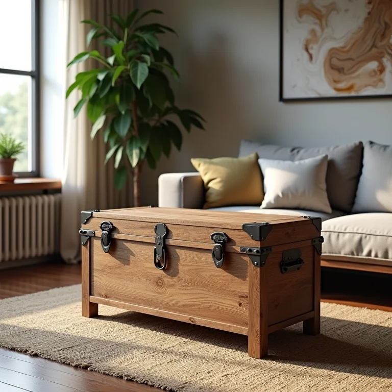Baú rústico feito de madeira reaproveitada em sala de estar aconchegante.