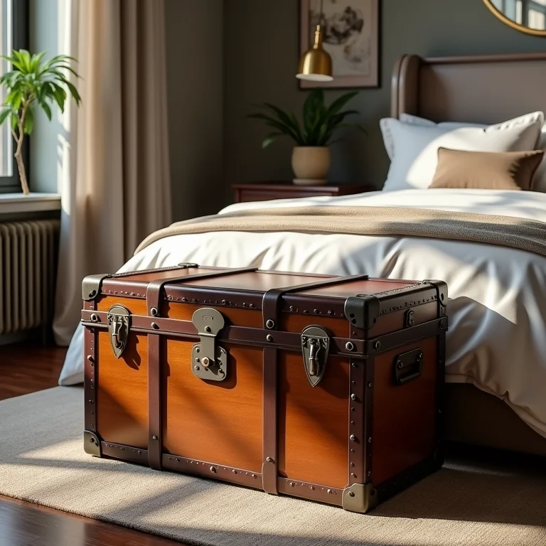 Baú vintage aos pés da cama em quarto elegante.
