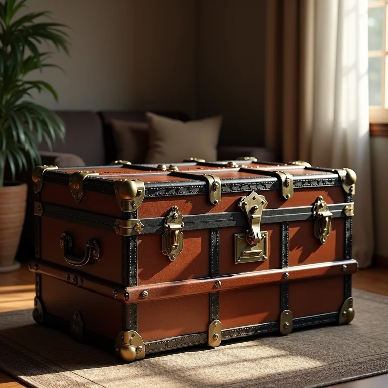 Baú vintage com detalhes ornamentados em sala de estar clássica.