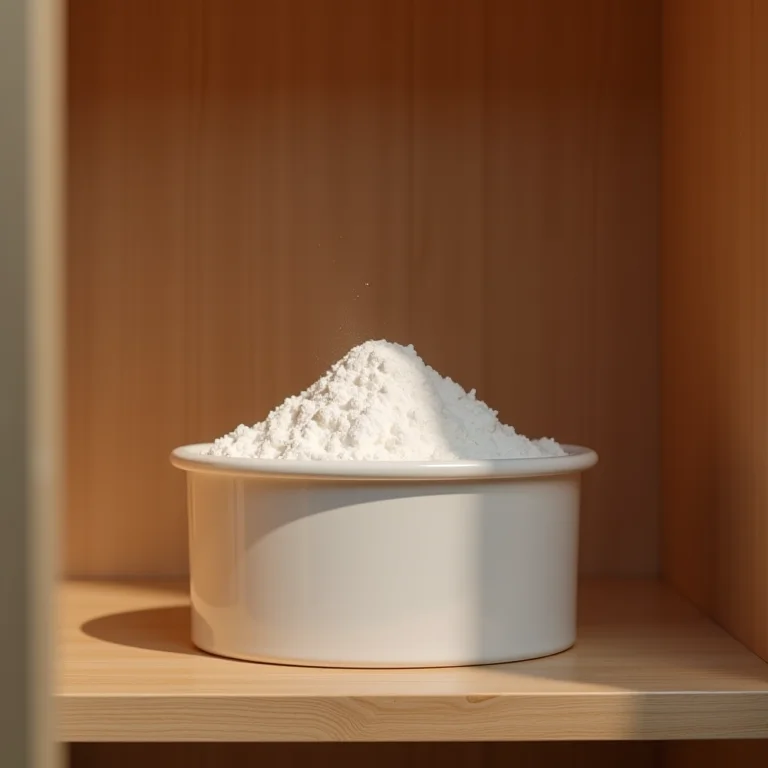 Bicarbonato de sódio em um recipiente dentro do guarda-roupa, absorvendo umidade.