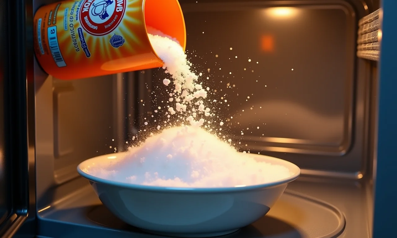 Bicarbonato e vinagre para sujeiras difíceis no microondas.