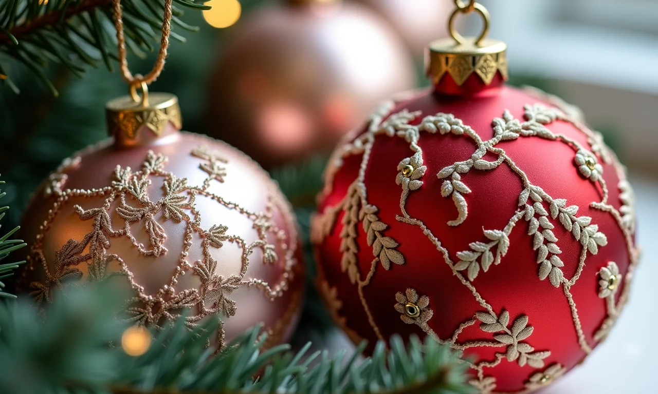 Bolas de Natal decoradas com retalhos de tecidos e rendas, padrões intrincados.