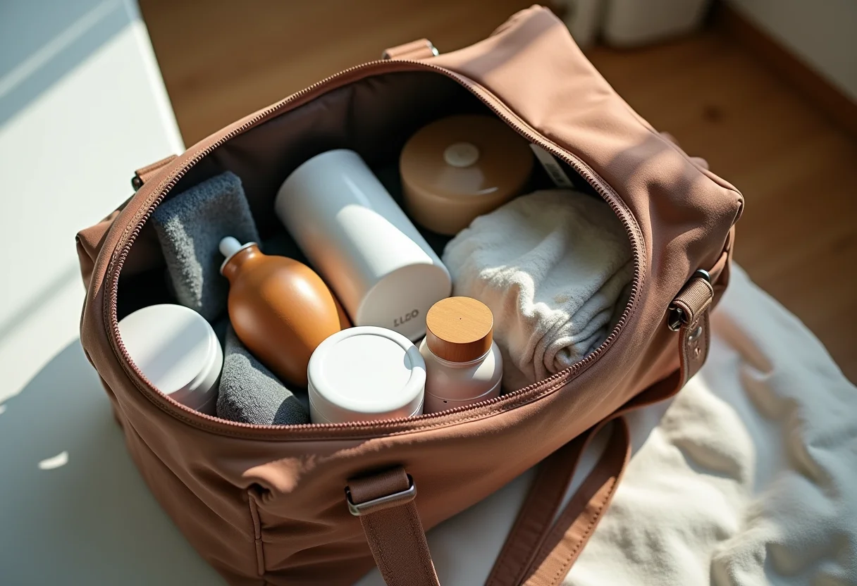 Bolsa de bebê organizada com itens essenciais para passeio