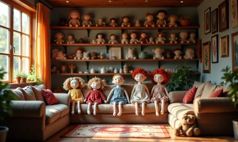 Bonecas de pano artesanais decorando uma sala de estar aconchegante com iluminação suave.