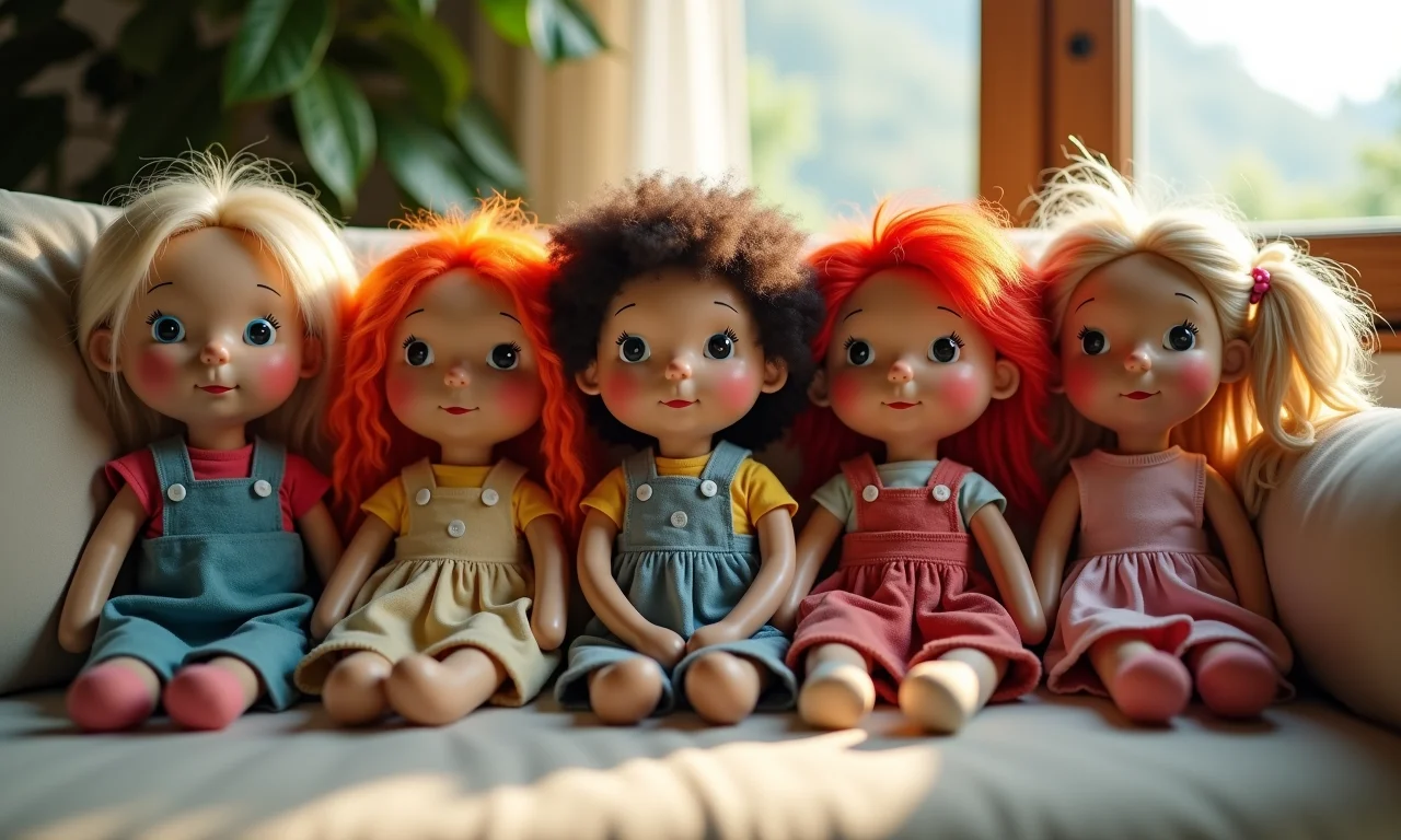 Bonecas de pano coloridas em uma sala, destacando o charme único na decoração.
