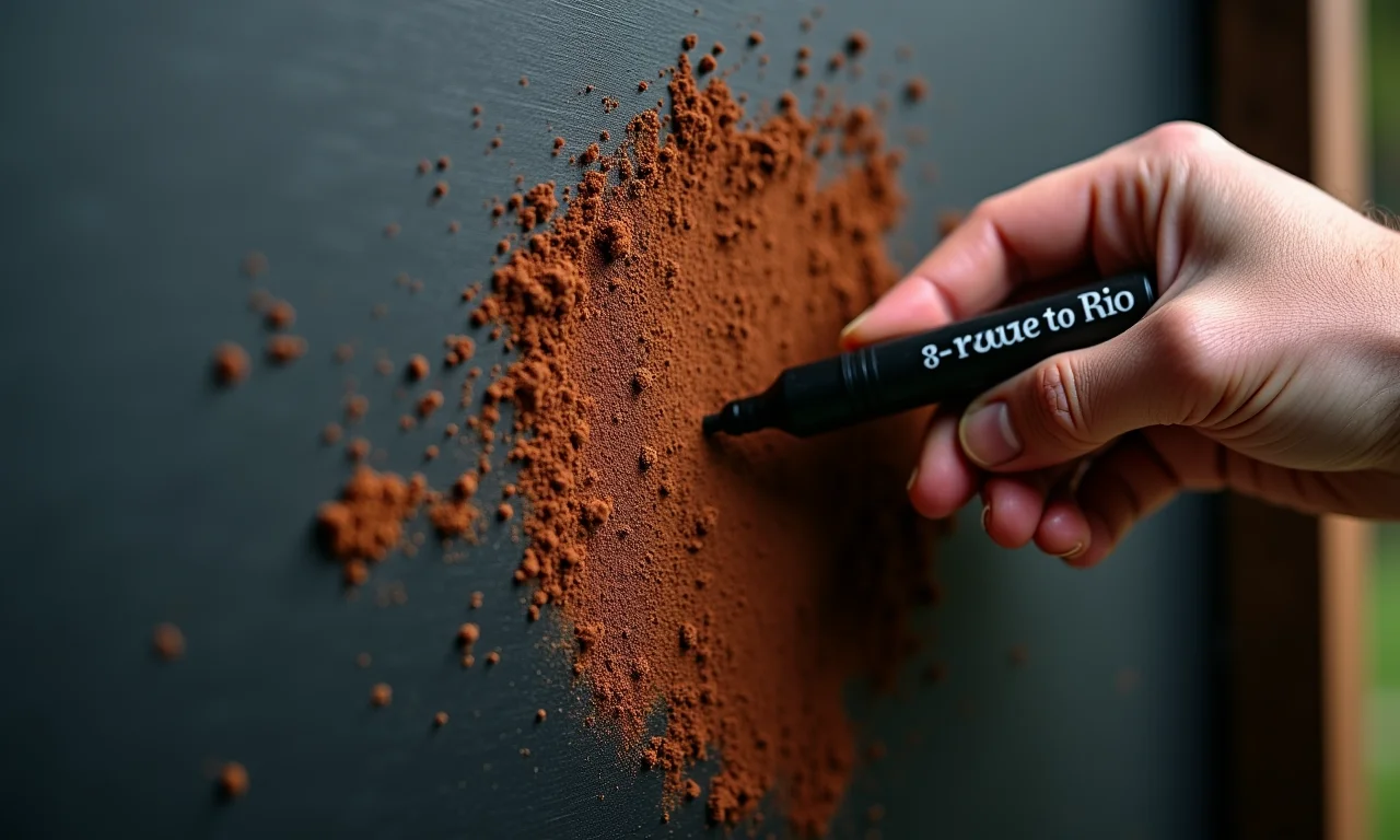 Borra de café sendo usada em parede escura com mancha.