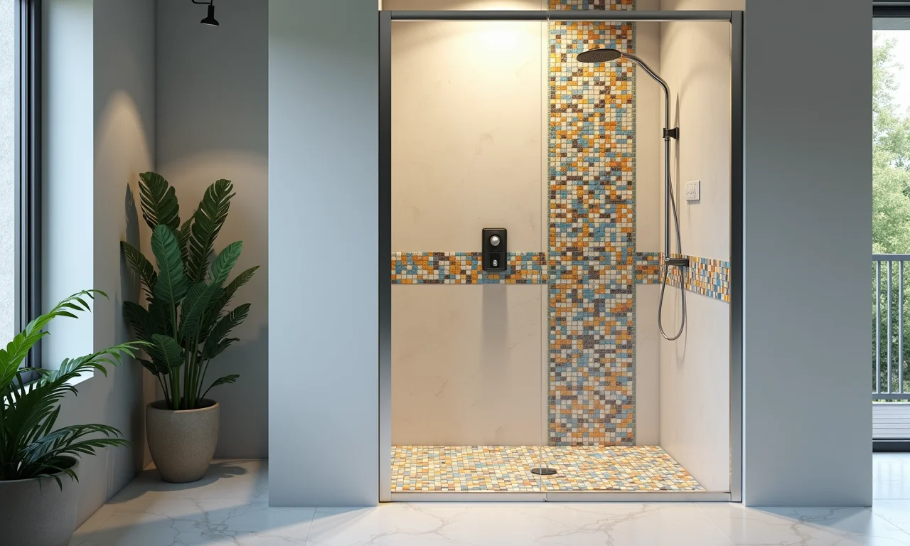 Box do banheiro com detalhes em pastilhas.