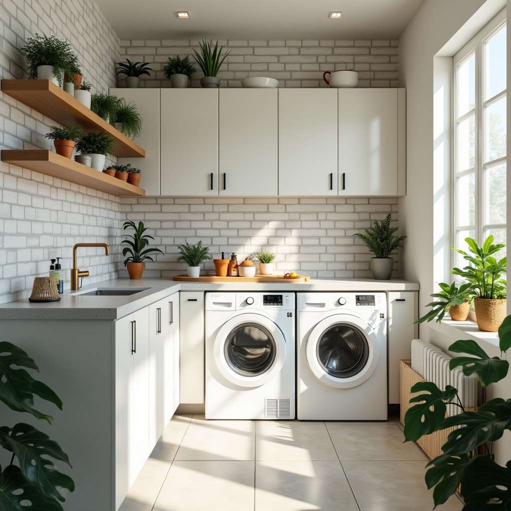 Bright, organized small laundry room with modular cabinets, plants, and natural light, professional Lavanderia pequena com armários modulares e plantas.