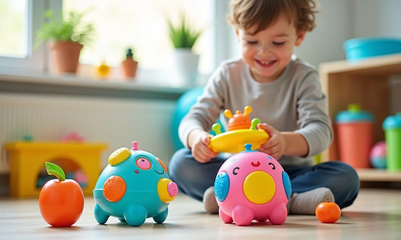 Brinquedos divertidos feitos de garrafas PET recicladas em um quarto infantil.