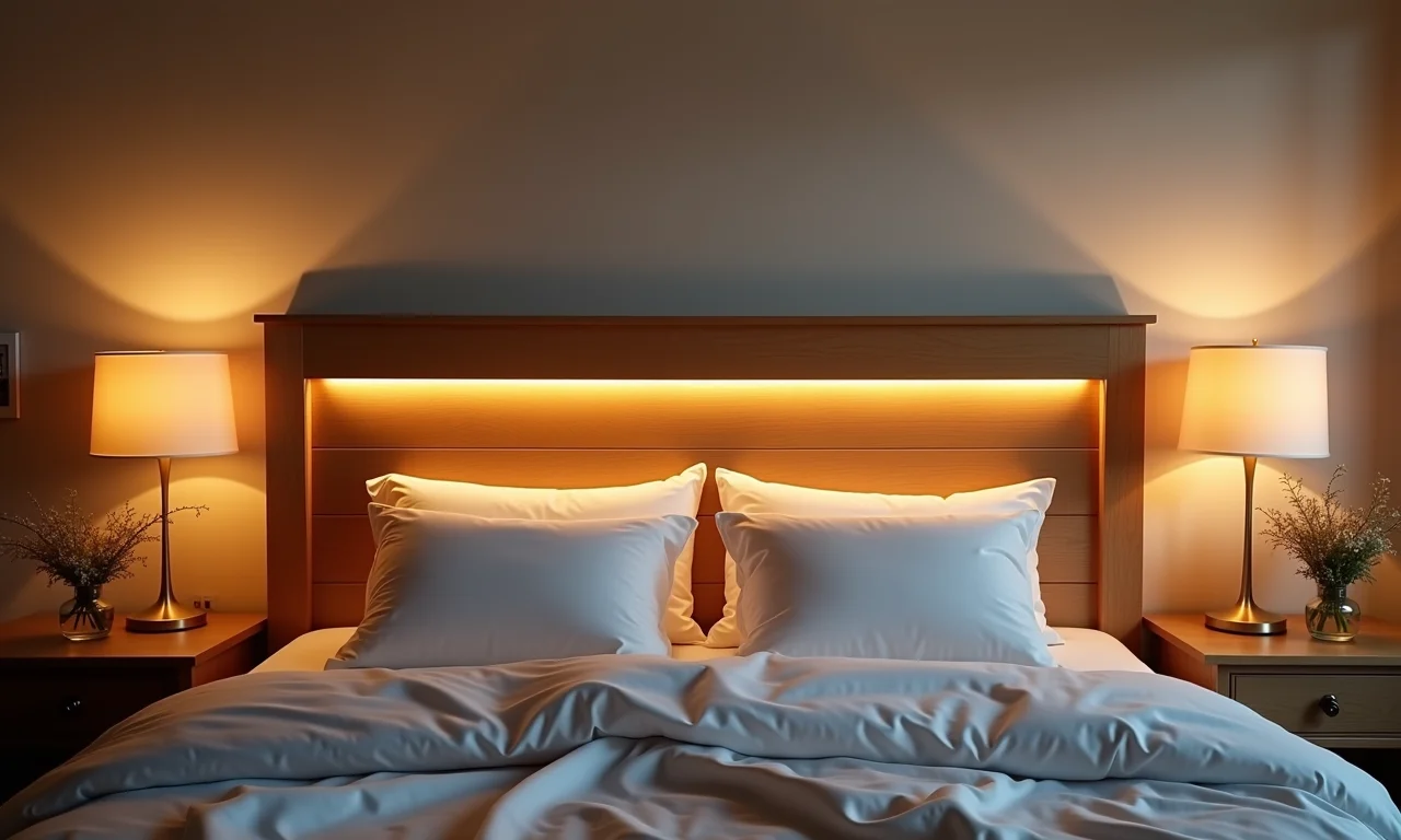 Cabeceira de madeira com luzes em quarto romântico.