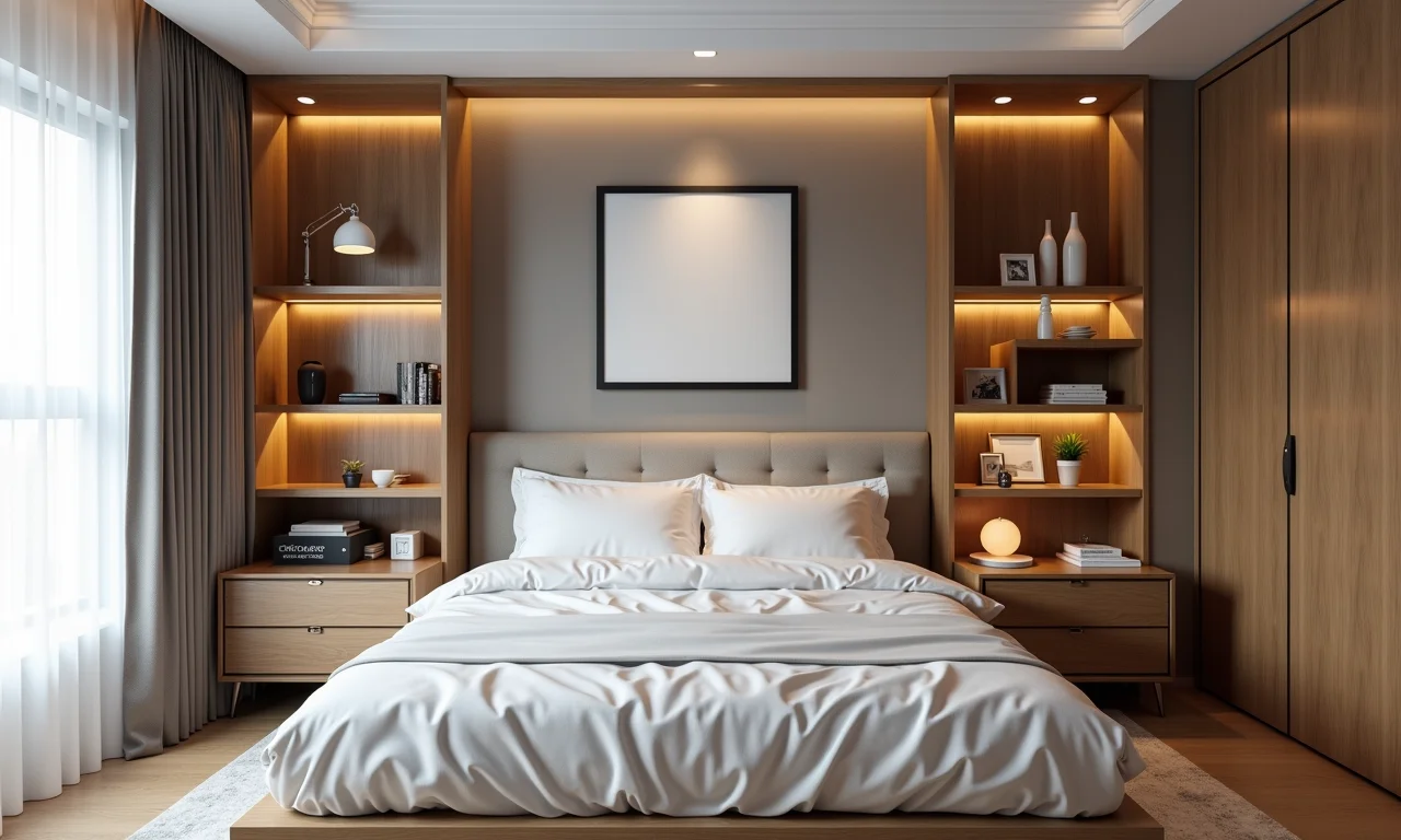 Cabeceira de madeira com nichos para organização.