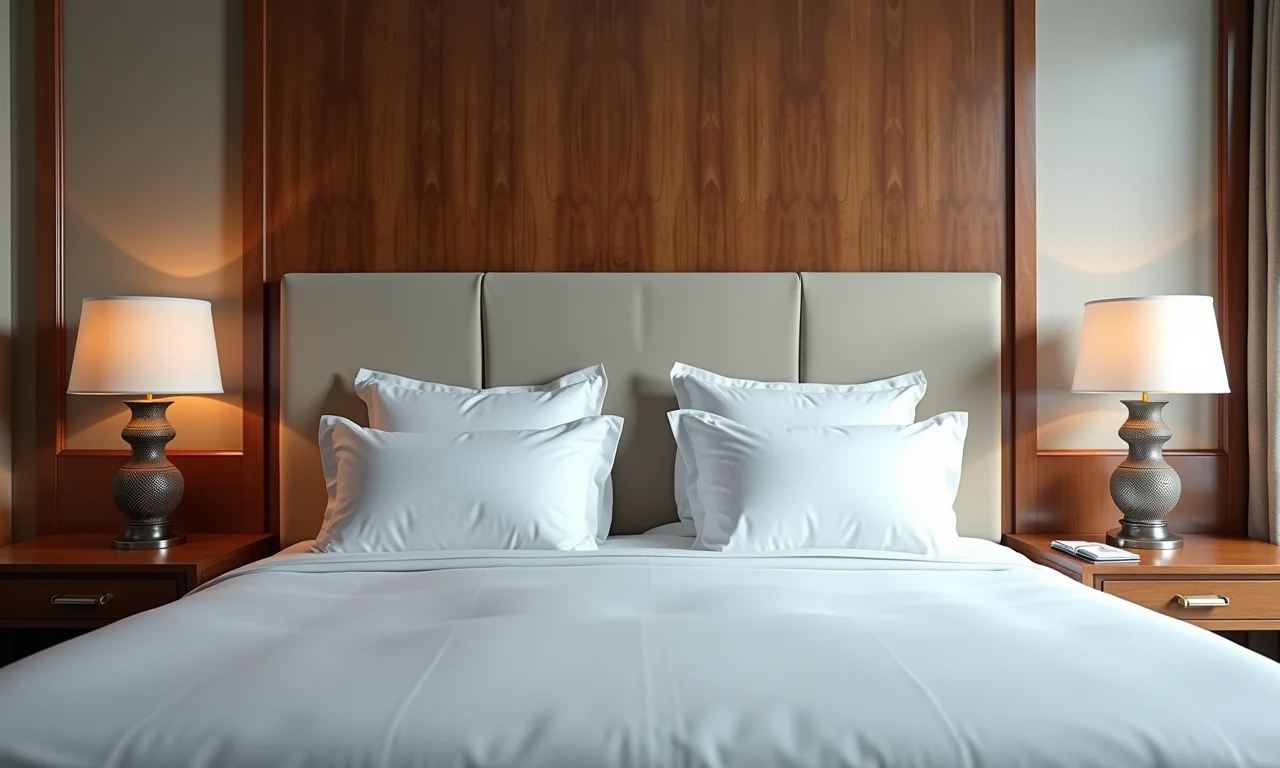 Cabeceira de madeira e painel estofado em quarto elegante.