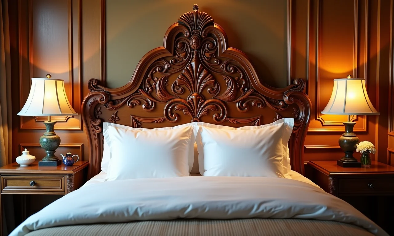 Cabeceira de madeira entalhada com detalhes artísticos.