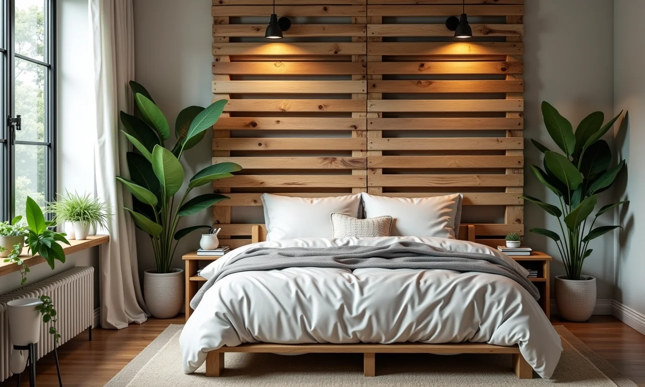 Cabeceira de madeira feita com pallets reciclados.