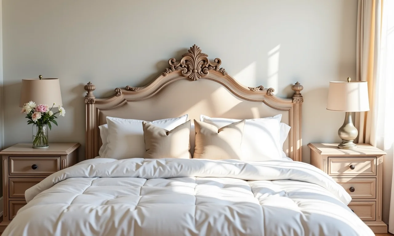 Cabeceira de madeira provençal em quarto romântico.