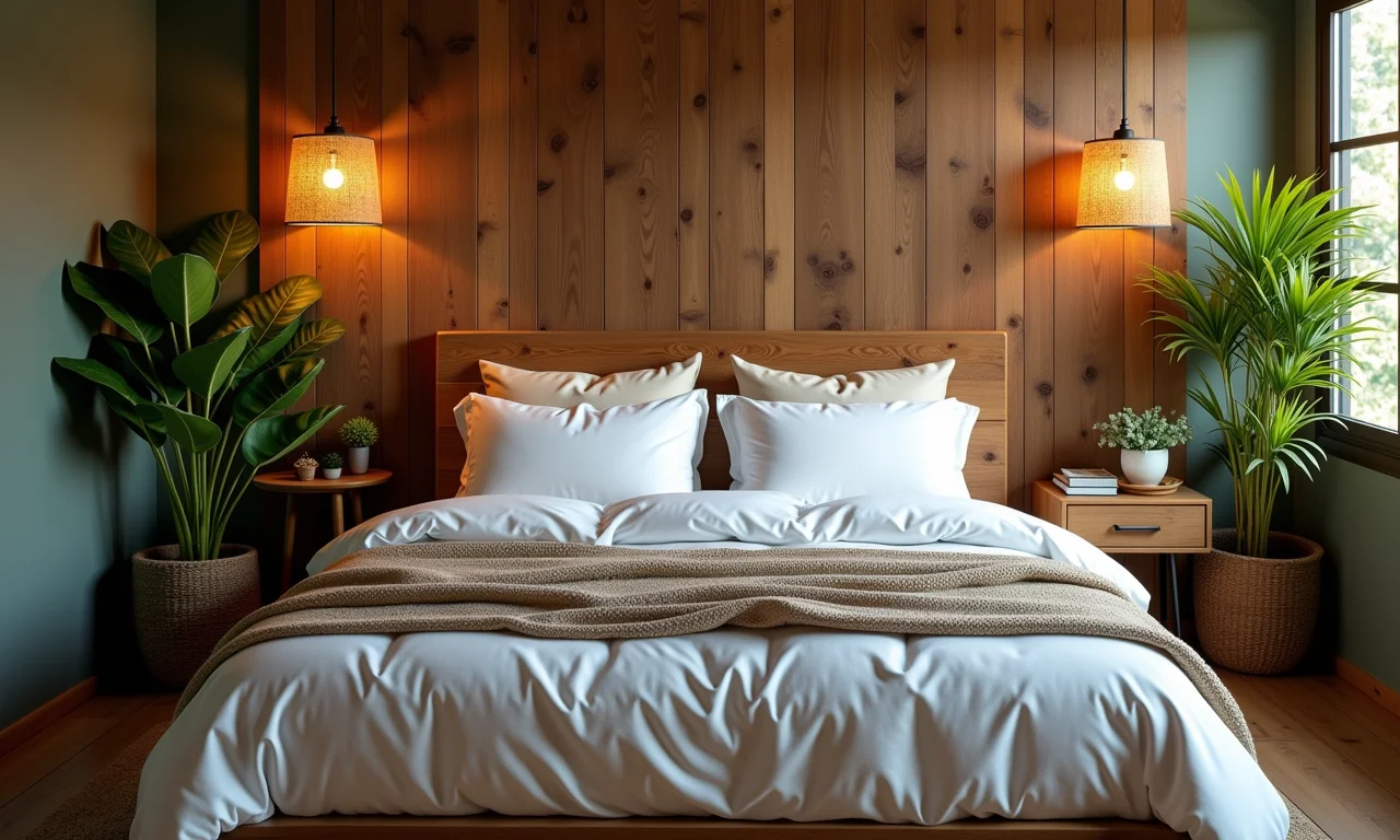 Cabeceira de madeira rústica em quarto aconchegante.