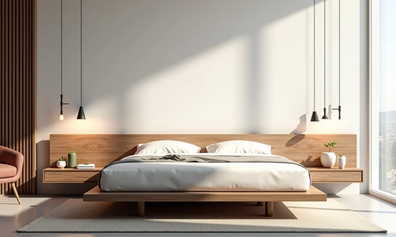 Cabeceira de madeira suspensa em quarto moderno.