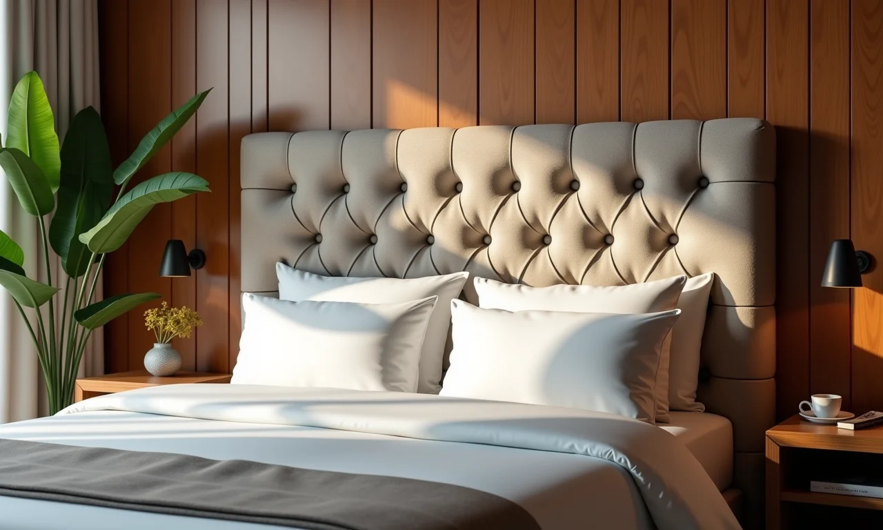 Cabeceira estofada em quarto aconchegante, conforto e estilo.