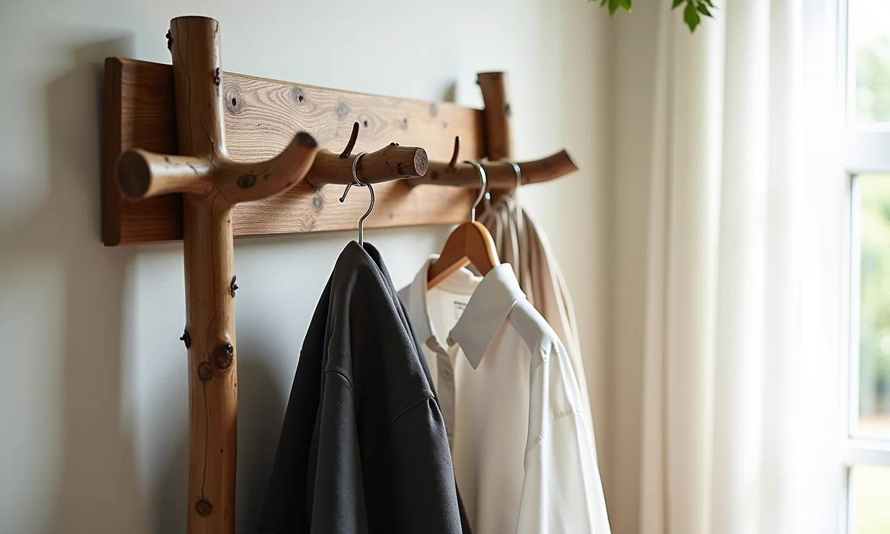 Cabideiro feito com galhos reaproveitados em uma casa moderna.