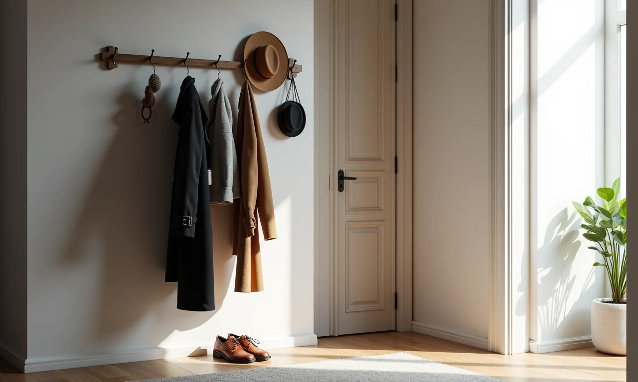 Cabideiro moderno no hall de entrada, organizando casacos e acessórios.