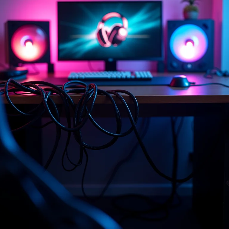 Cabos emaranhados atrás de uma mesa gamer