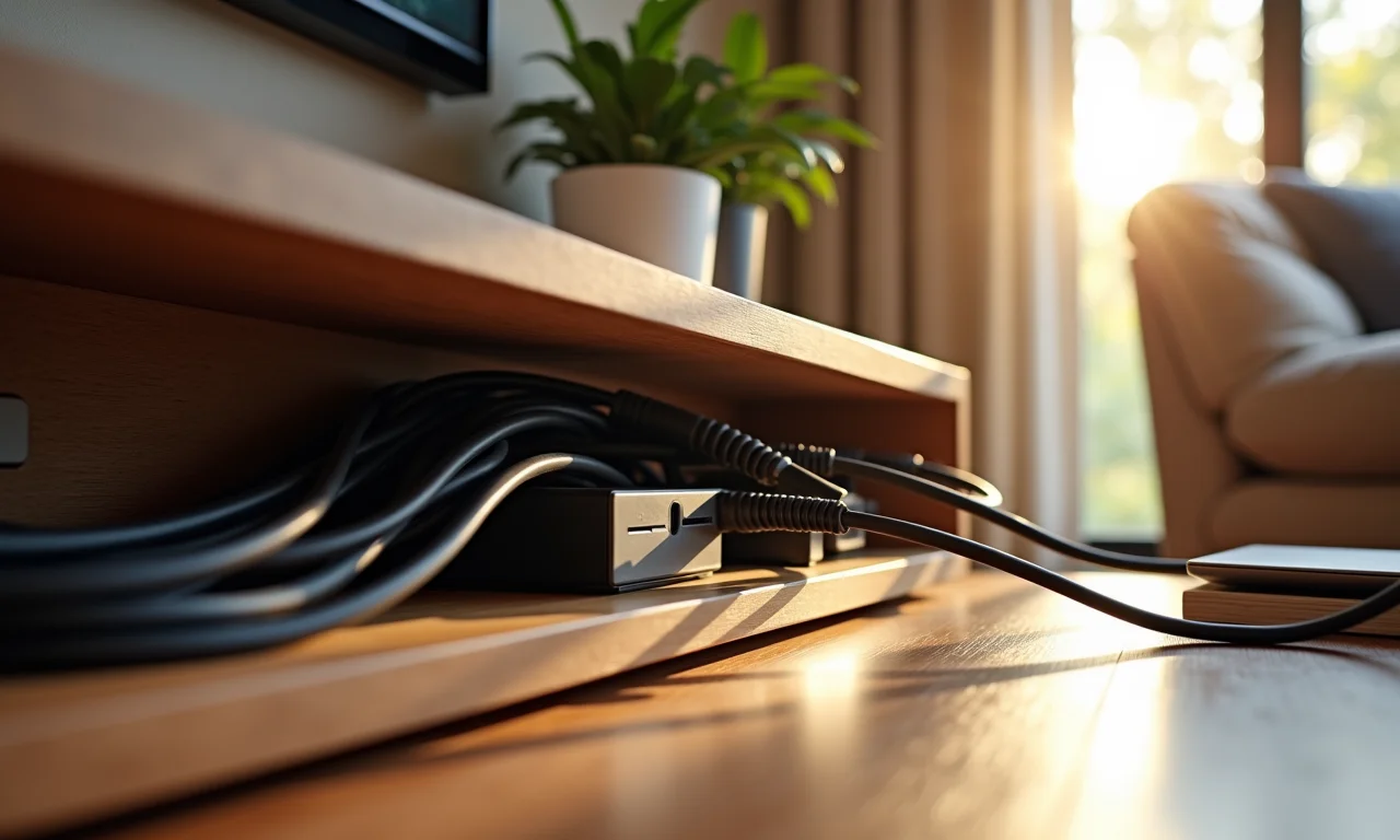 Cabos escondidos atrás de móveis.