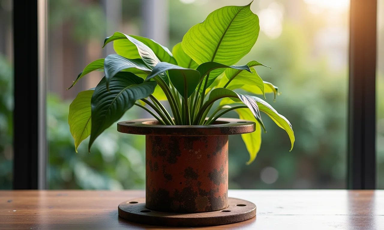 Cachepot feito de carretel de fio com uma planta brasileira vibrante.