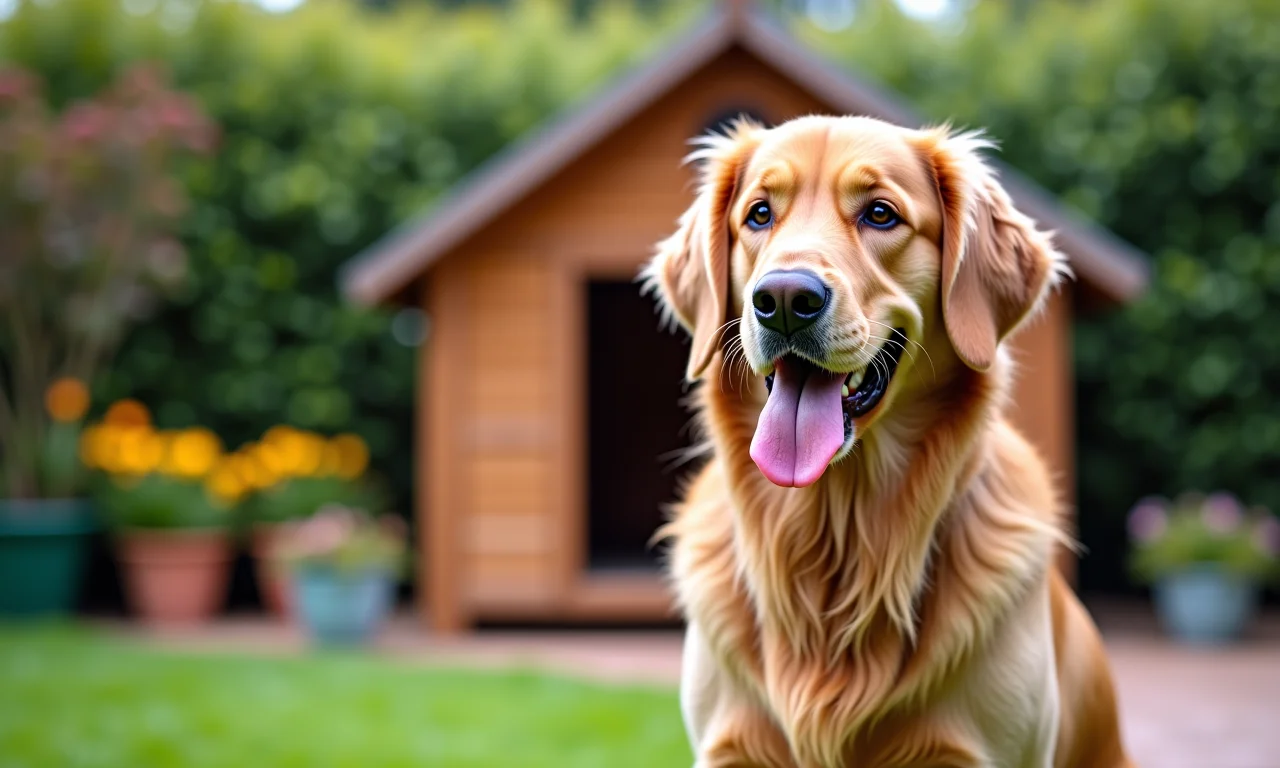 Cachorro feliz em frente a uma casinha renovada com cores vibrantes.