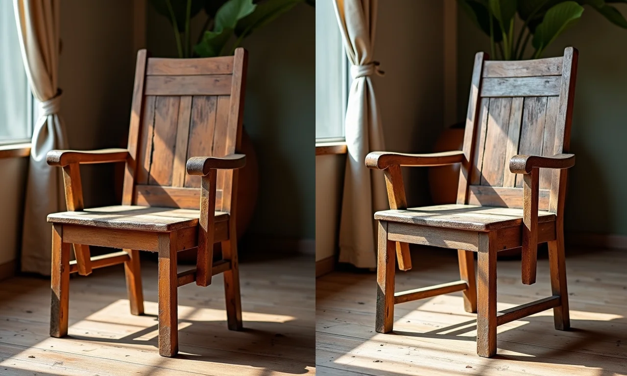 Cadeira de madeira rústica antes e depois da pátina.