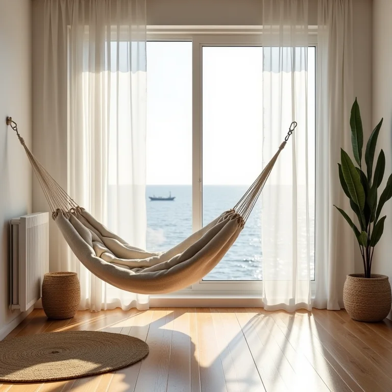 Cadeira de rede em apartamento pequeno, otimizando espaço.