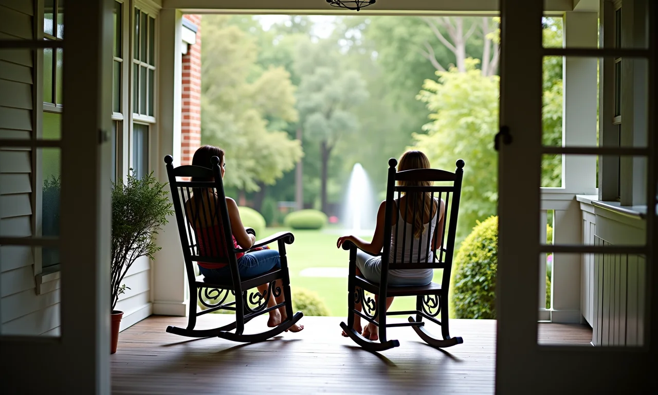 Cadeiras de balanço de ferro em varanda com vista para um jardim tranquilo.