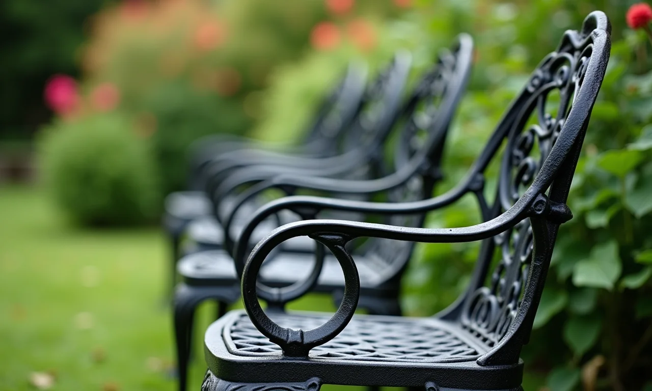 Cadeiras de ferro resistentes à chuva e ao sol em um jardim.