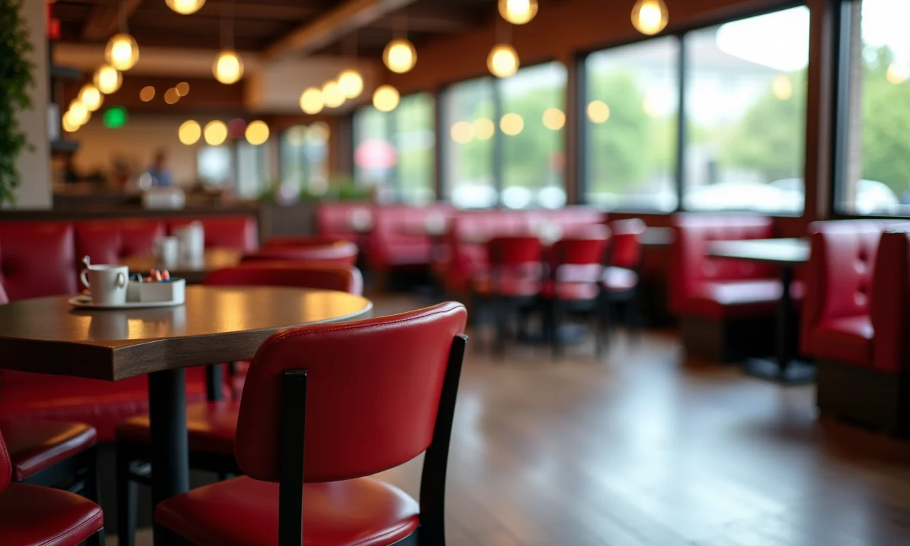 Cadeiras e sofás de restaurante limpos e confortáveis.