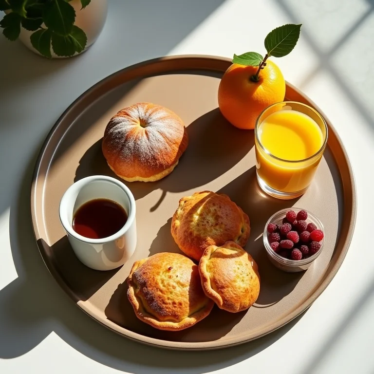 Café da manhã de hotel organizado em uma bandeja com pães, frutas e café
