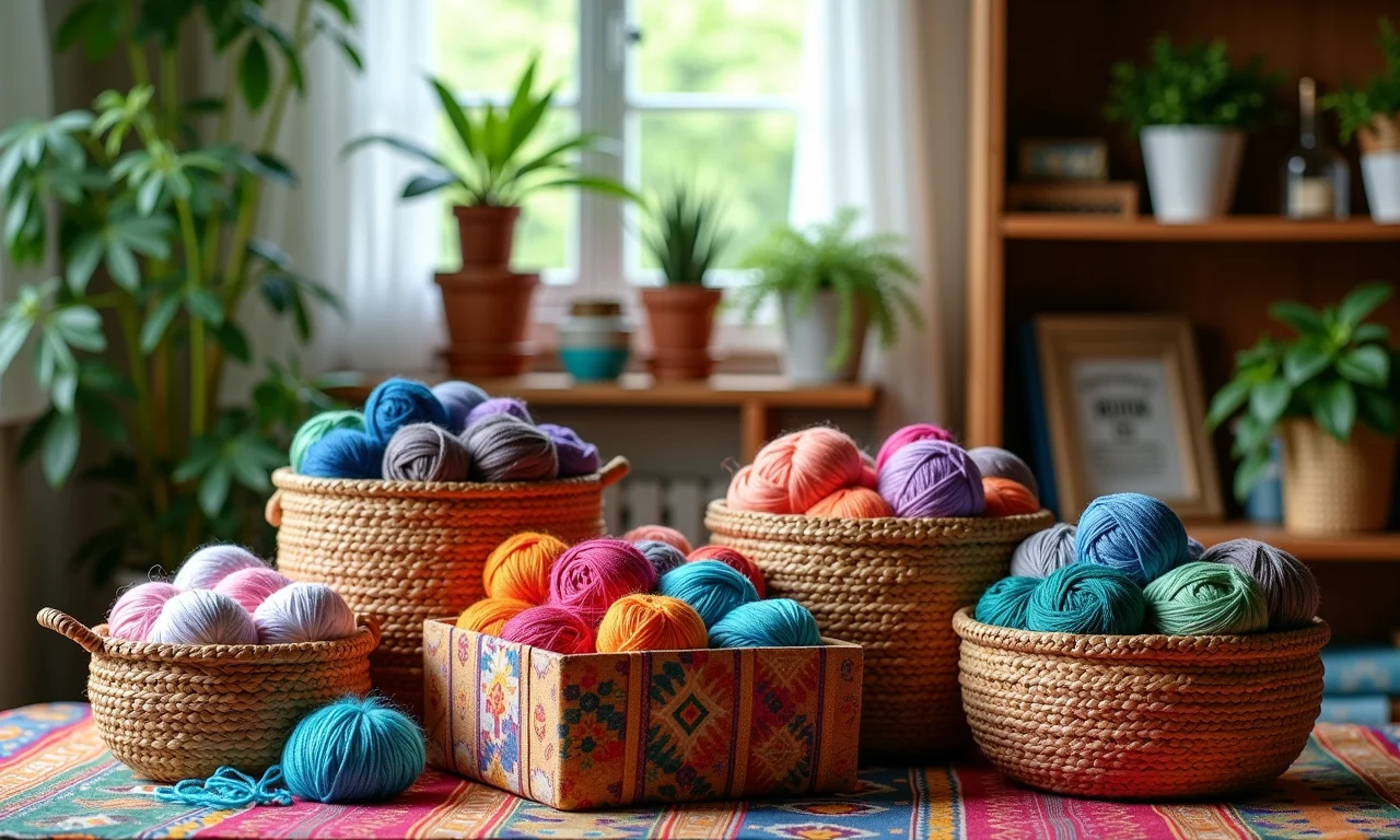 Caixas e cestas decorativas para organizar materiais de artesanato.