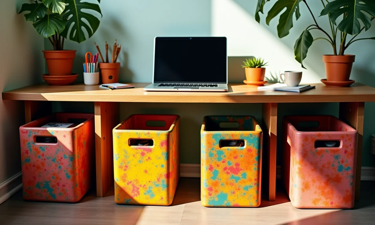 Caixas organizadoras escondendo cabos.