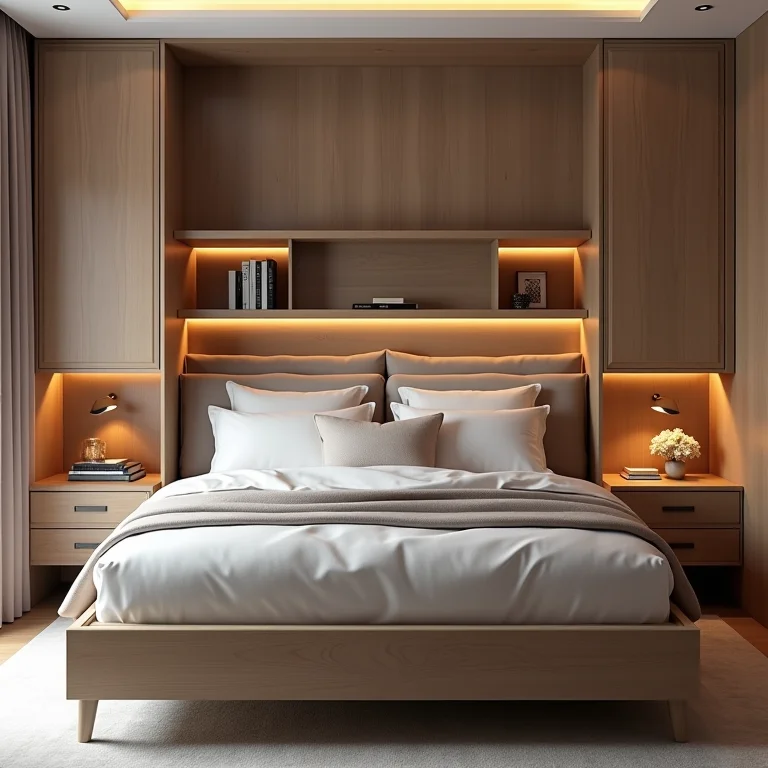 Cama com baú oferecendo espaço extra para armazenamento.