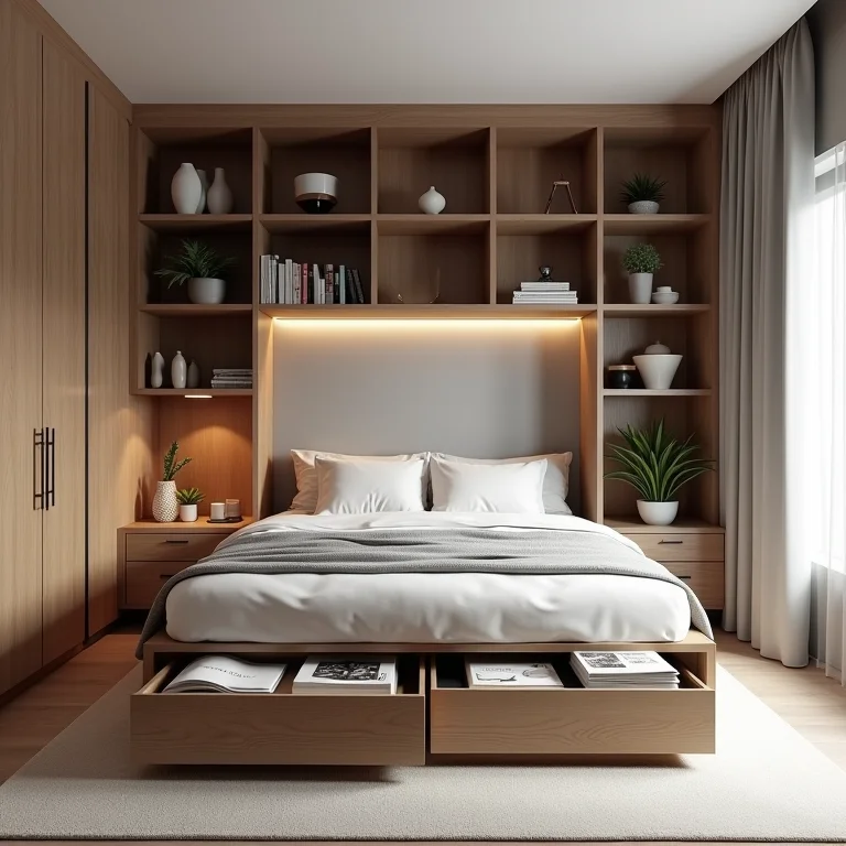 Cama com gavetas e nichos no quarto.