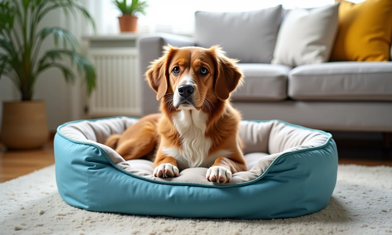 Cama confortável para pets feita de garrafas PET recicladas em uma sala de estar.