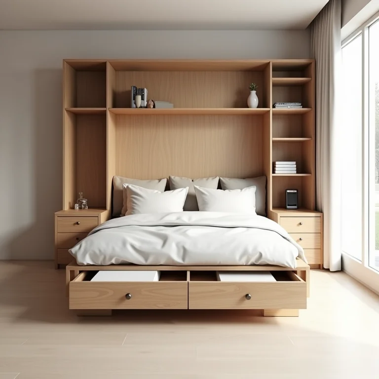 Cama multifuncional com gavetas e prateleiras otimizando espaço.